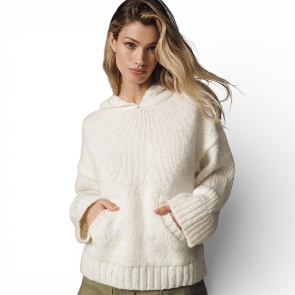 PILCRO Anthropologie‎ Cream Chunky Knit Oversized Hoodie Sweater Women Large